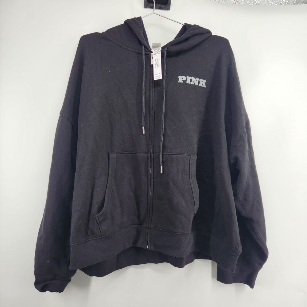 Victoria's Secret Women's XXL Pure Black Campus‎ Fleece Full Zip Hoodie NWT